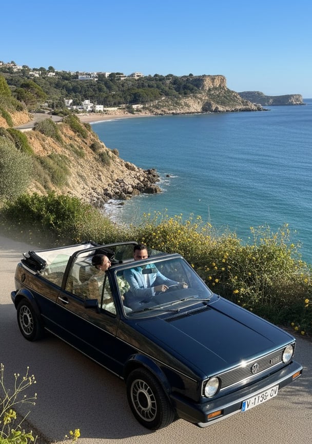 Volkswagen Golf Cabrio azul en carretera costera, coche clásico de alquiler para bodas y eventos en España.