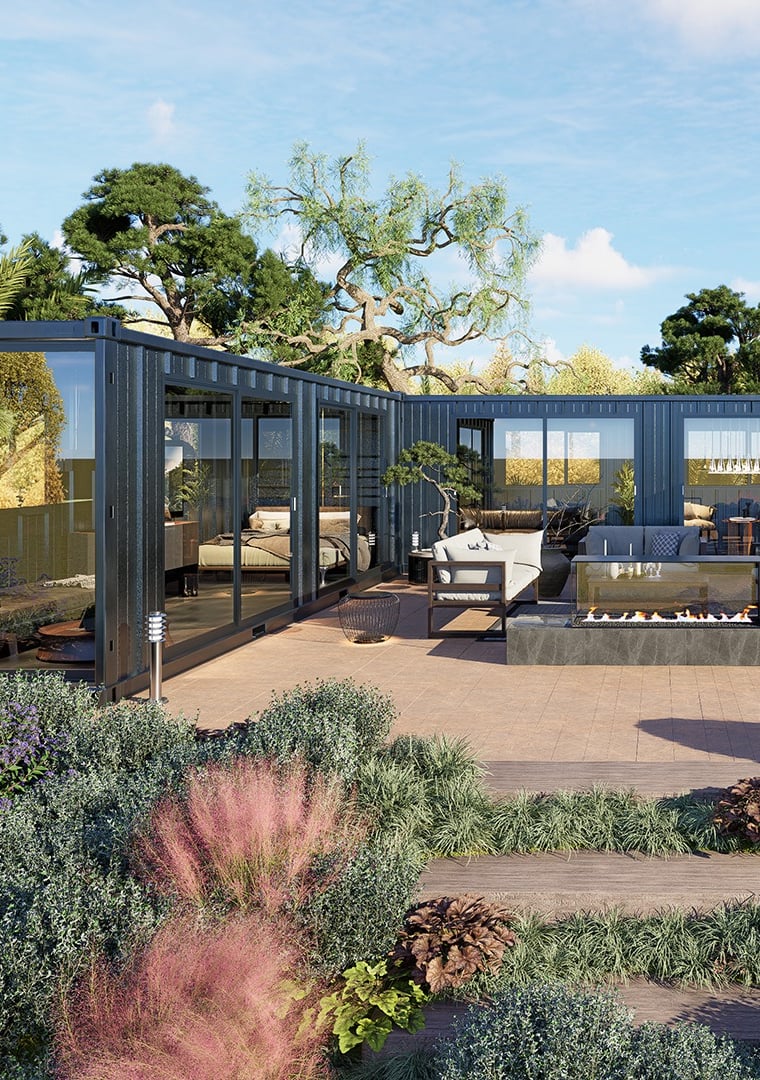 3D illustration front view of a Container home with a sundeck