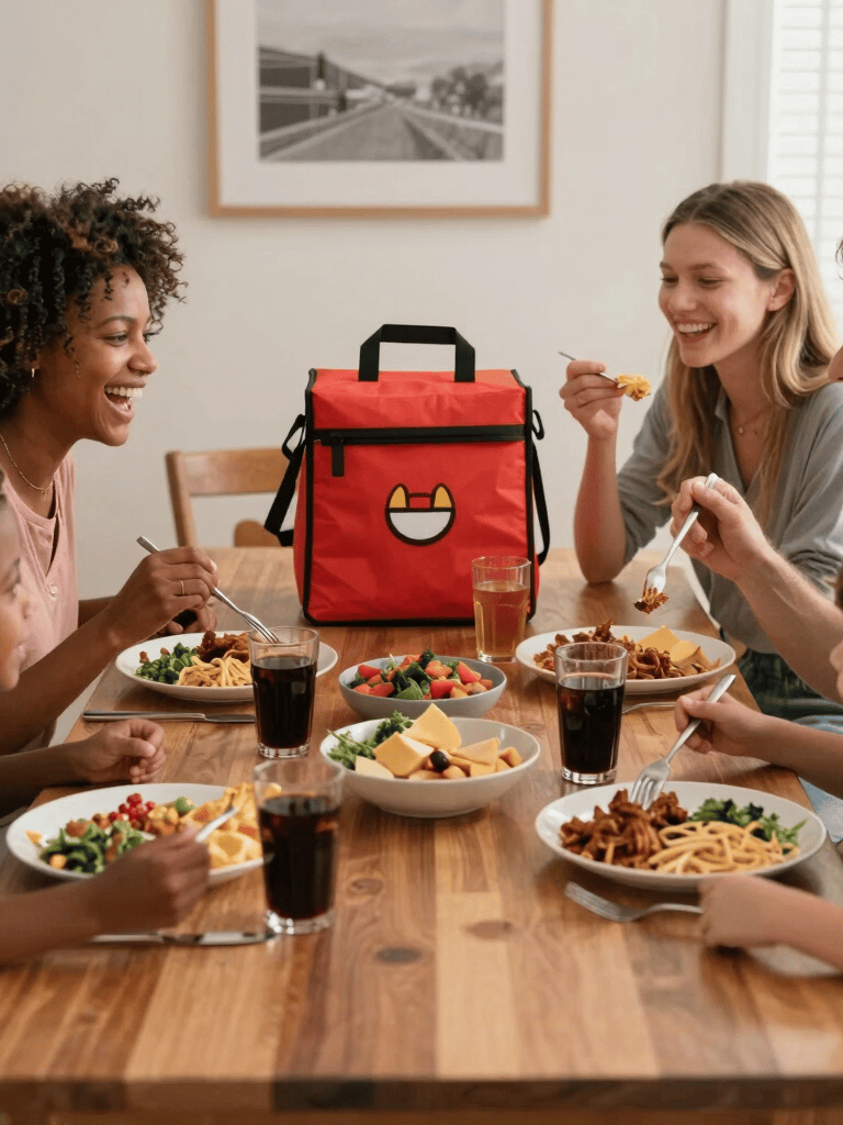 A happy gig worker delivering food from a cozy restaurant, smiling as they hand over a meal from the backseat of a FamiliaDrive rental car.