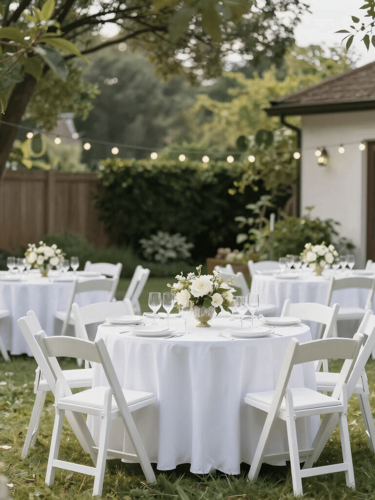 Gold Chiavari chairs elegantly arranged around a 6-foot rectangular table set for a lively birthday celebration.