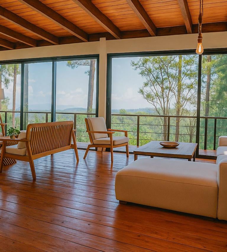 Luxury villa living room in Jarabacoa forest with mountain views and natural surroundings