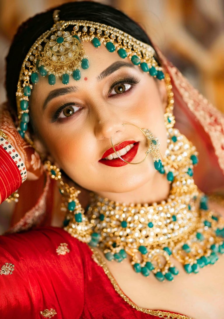bridal makeup with red lahenga and jewellary