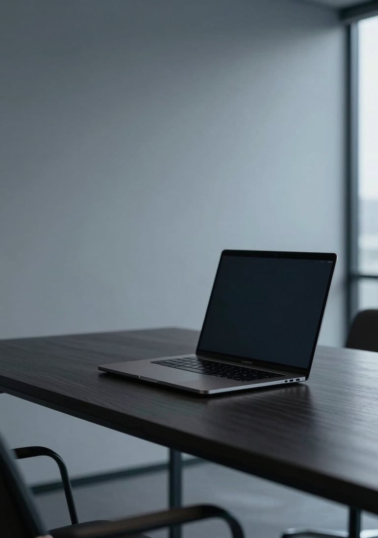 A minimalist, high-end workspace in a North American / US office featuring a sleek laptop on a dark wood desk, with soft Charcoal Black and Steel Blue ambient lighting.