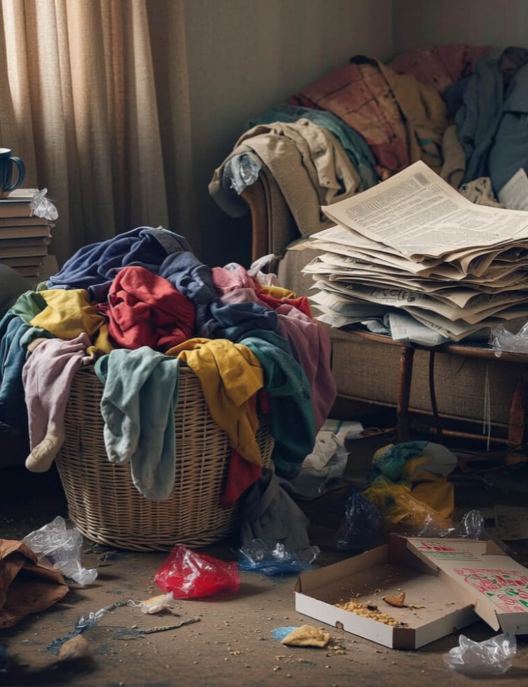 A cluttered living room with a full laundry basket, stacks of paper, and trash on the floor.