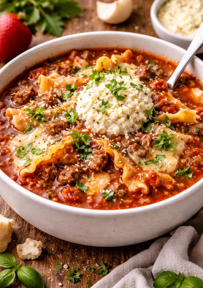A hearty bowl of homemade lasagna soup topped with a dollop of creamy ricotta cheese and fresh parsley.