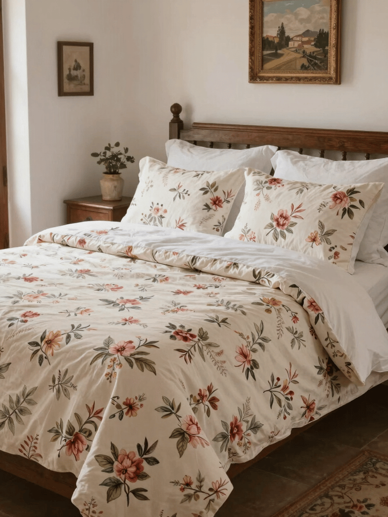 Cozy bedroom scene featuring a bed dressed in soft cream and terracotta linens with plush cushions.