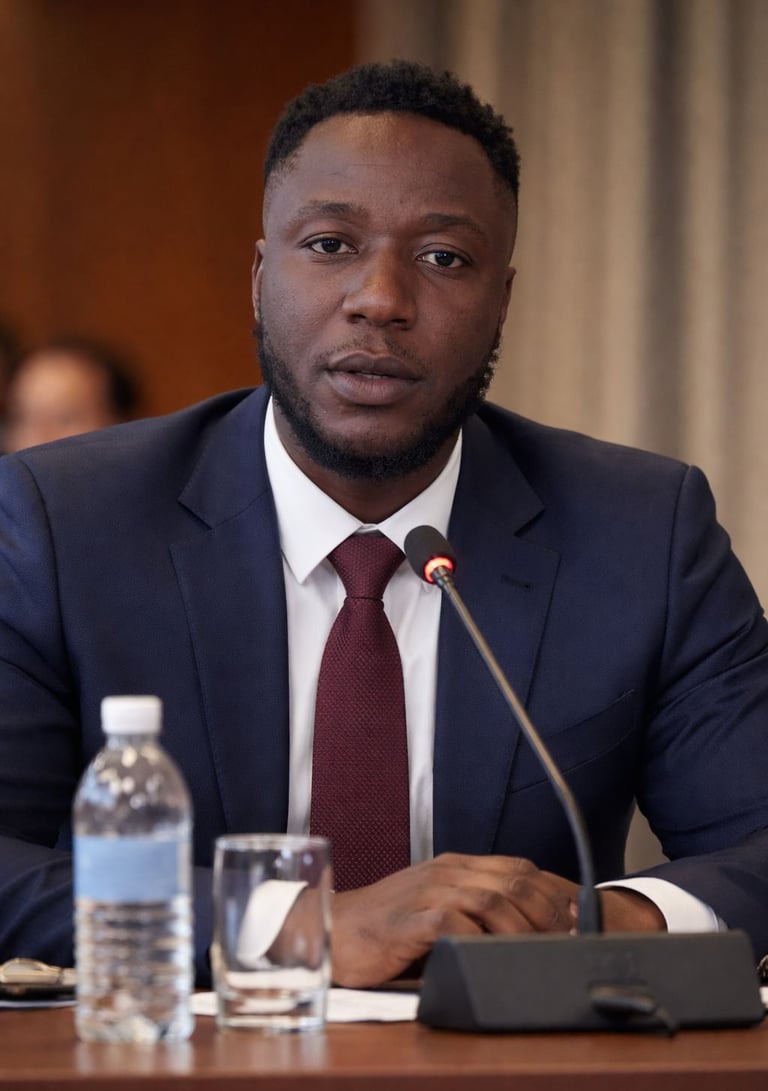 Professional Black businessman in a navy suit and red tie speaking at a conference microphone.