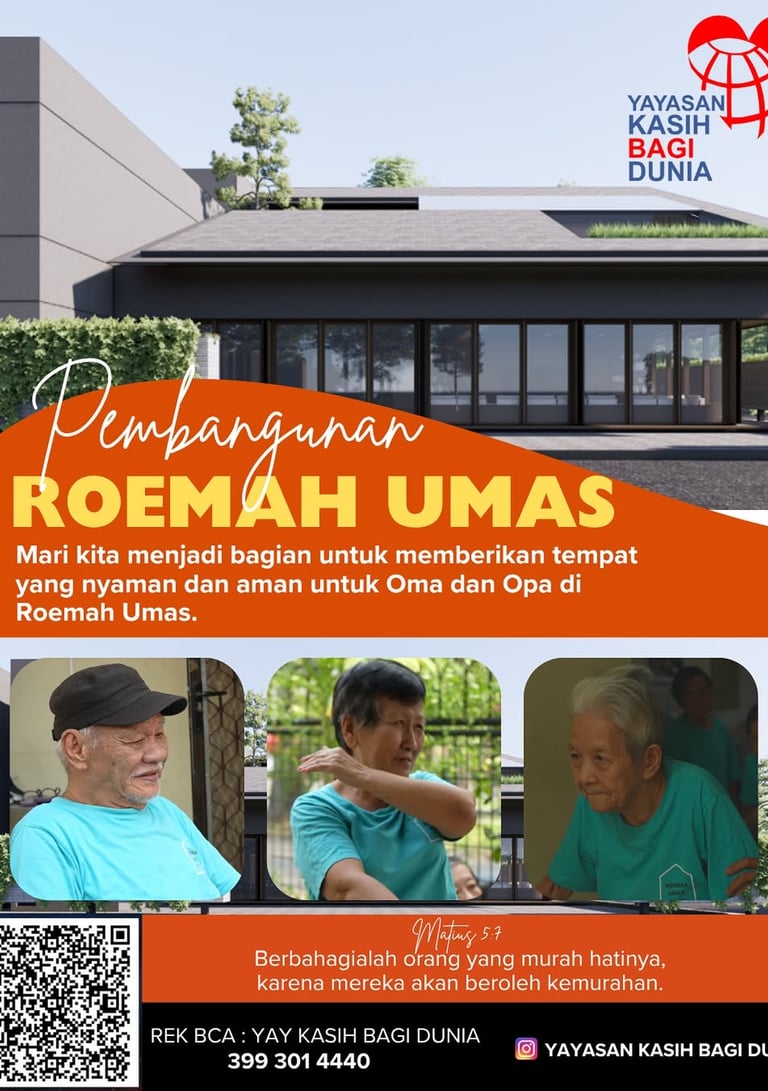 Pembangunan Roemah Umas nursing home donation poster featuring elderly residents and modern facility design.