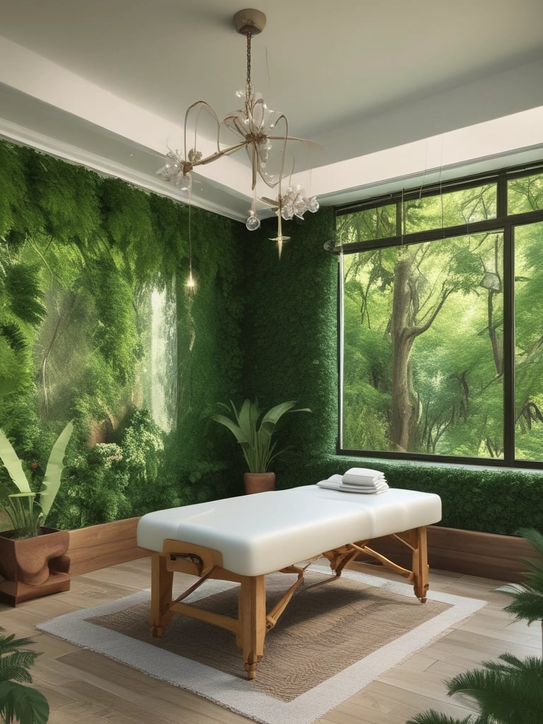 A peaceful massage room with soft lighting and aromatic candles.