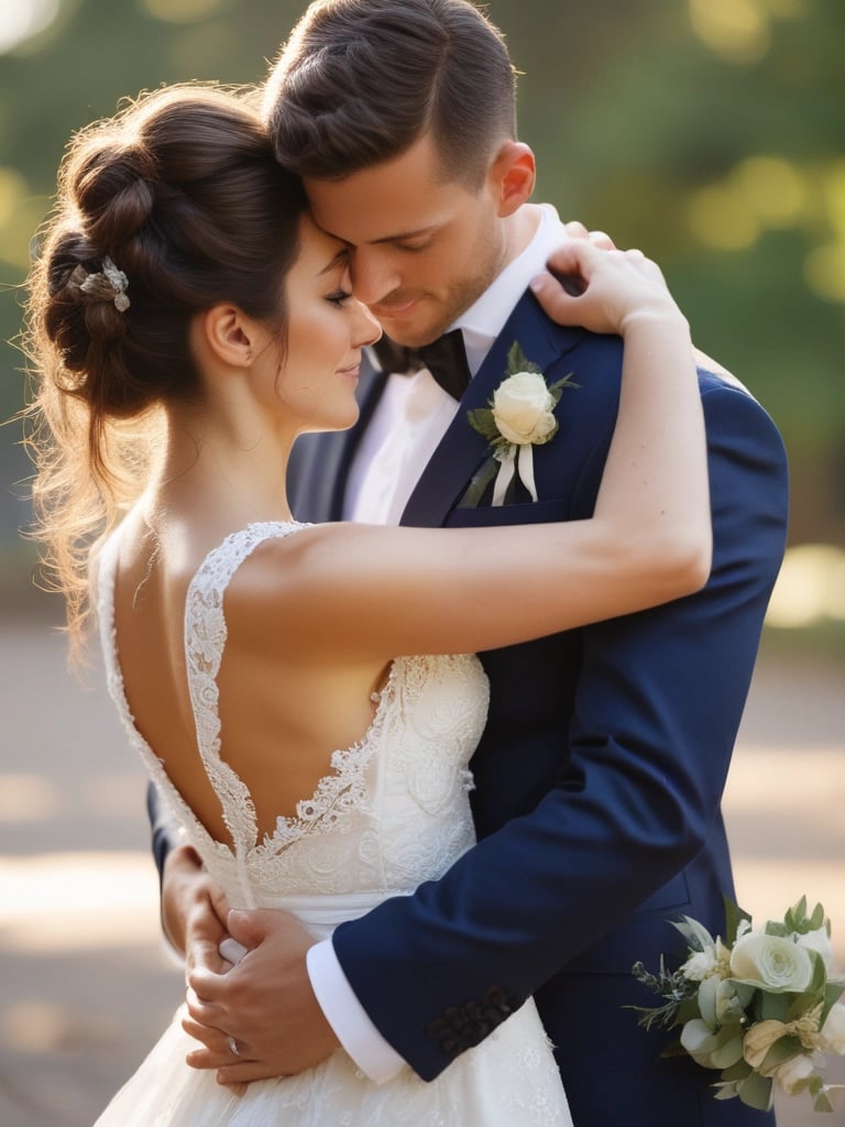 A stunning wedding photograph capturing a couple in a romantic embrace.
