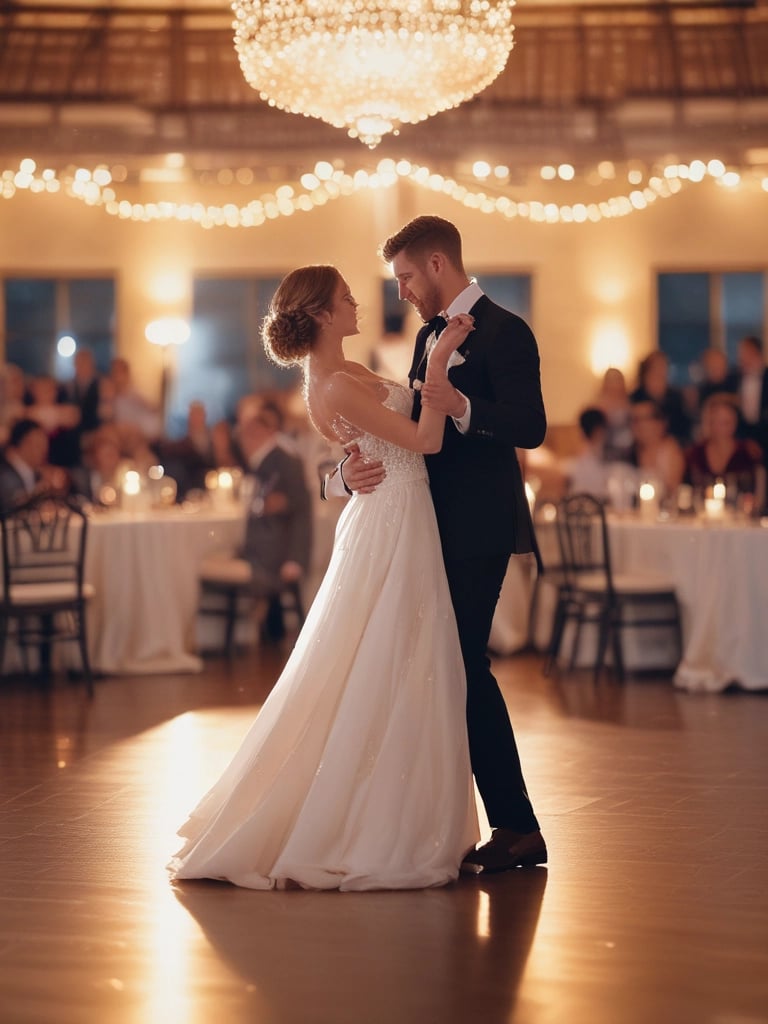 A stunning wedding photograph capturing the couple's first dance in soft, romantic lighting.