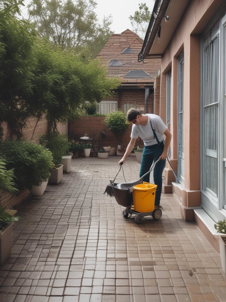 A room with a worn, textured wall and scattered tools. A metal ladder leans against the wall next to a wooden shelving unit containing various items like a drill, packing materials, and paint cans. The wooden floor is covered with more tools and a toolbox, suggesting ongoing renovation or maintenance work.