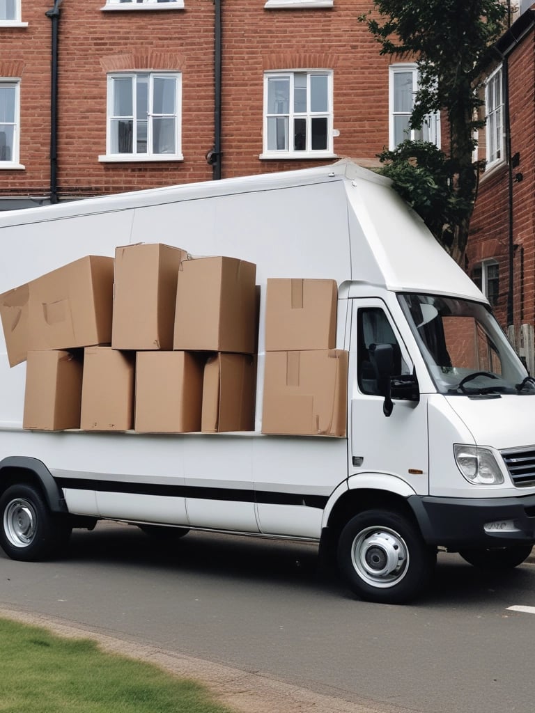A moving truck parked in front of a house.