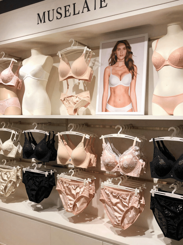 A cozy display of colorful lingerie sets arranged on a wooden table with soft natural light.