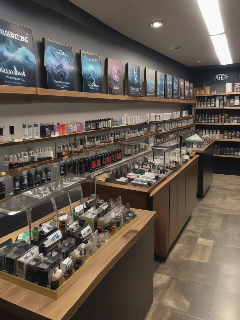 A traditional shop selling various dried goods, with shelves full of jars and containers. Two men interact in the brightly lit store, surrounded by an array of packaged products and handwritten signs displaying prices. Hanging light bulbs add a warm glow to the bustling environment.