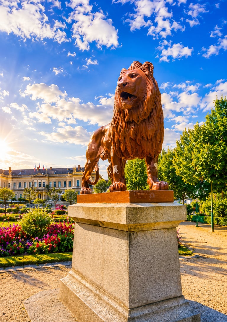 A bronze lion statue by J. Friolet stands in a lush French garden park under a bright blue sky.