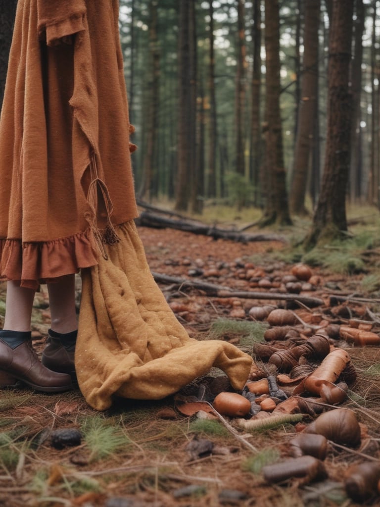 A serene landscape featuring a model wearing sustainable clothing in nature.