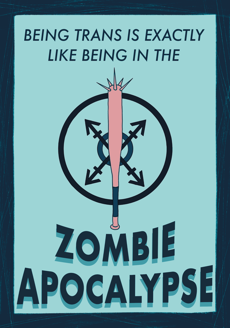 A comic cover shows spiked baseball bat illustration, text says, 'being trans is exactly like being in the zombie apocalypse'