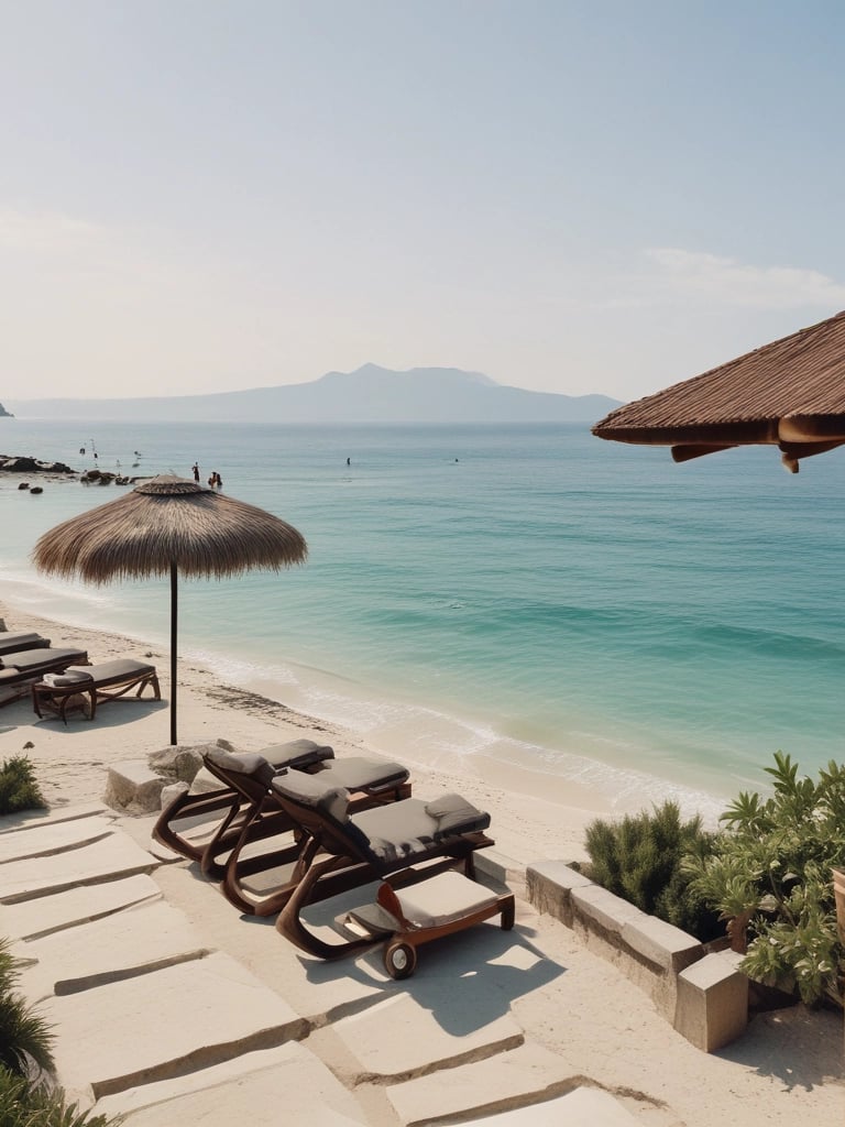 A serene sunset view over a private pool villa on Nusa Lembongan, framed by tropical palms.