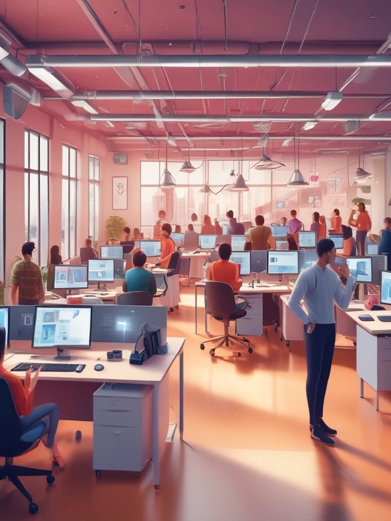 A vibrant image showcasing a modern office environment with employees using voice AI technology.