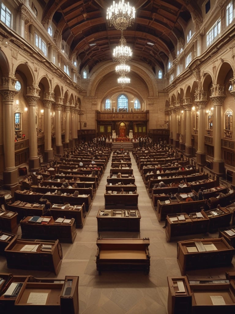 A serene image of a Jewish synagogue during prayer time.
