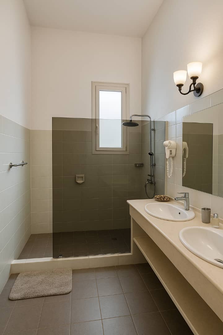 Modern bathroom with double vanity, walk-in tile shower, and glass partition.