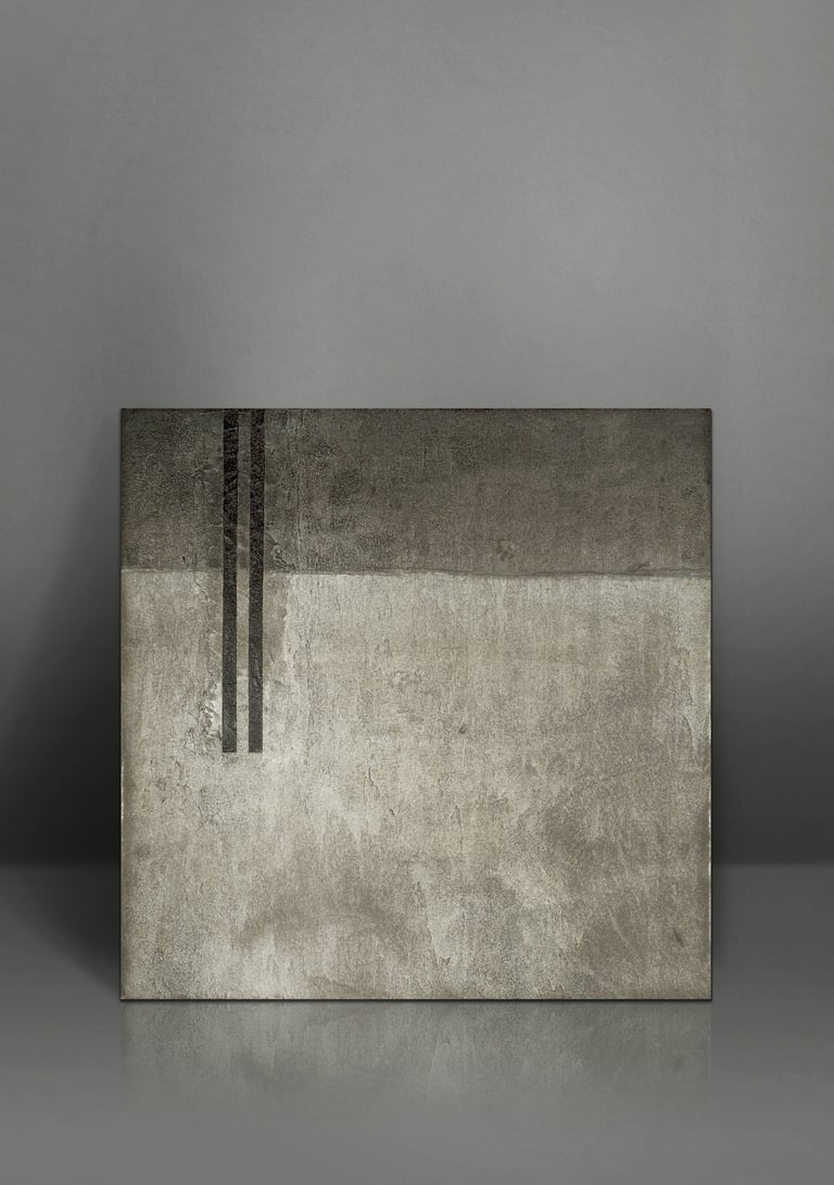 Modern minimalist abstract art canvas with textured grey tones and vertical black lines.