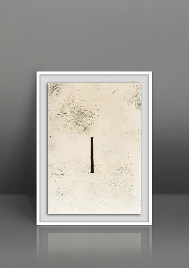 Framed minimalist abstract art print with a black vertical line on a textured beige background.