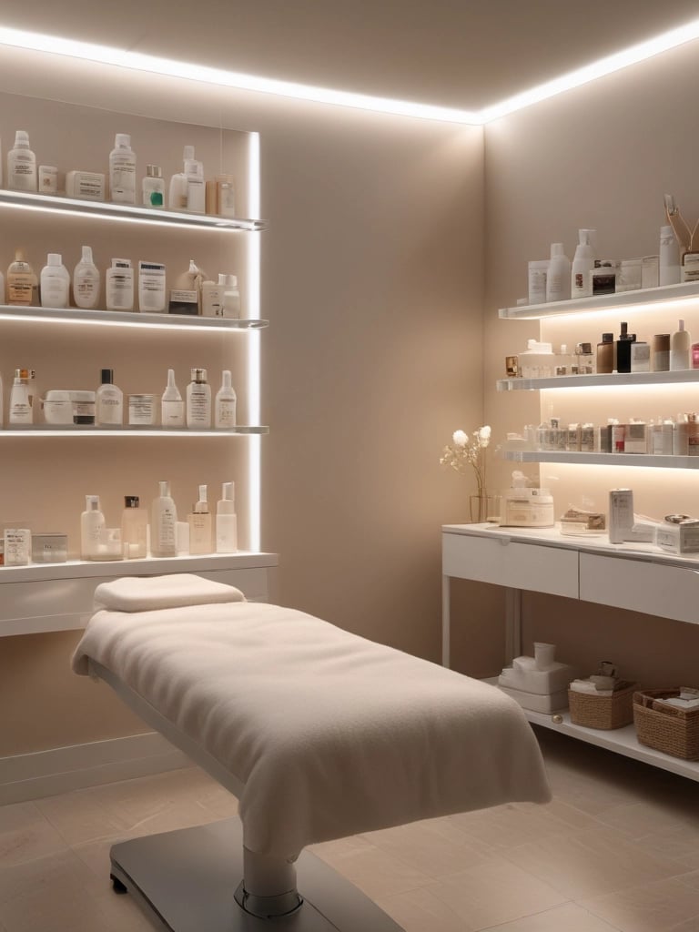 A warm, softly lit treatment room showcasing a clean, neutral-toned skincare studio with neatly arranged clinical skincare products.