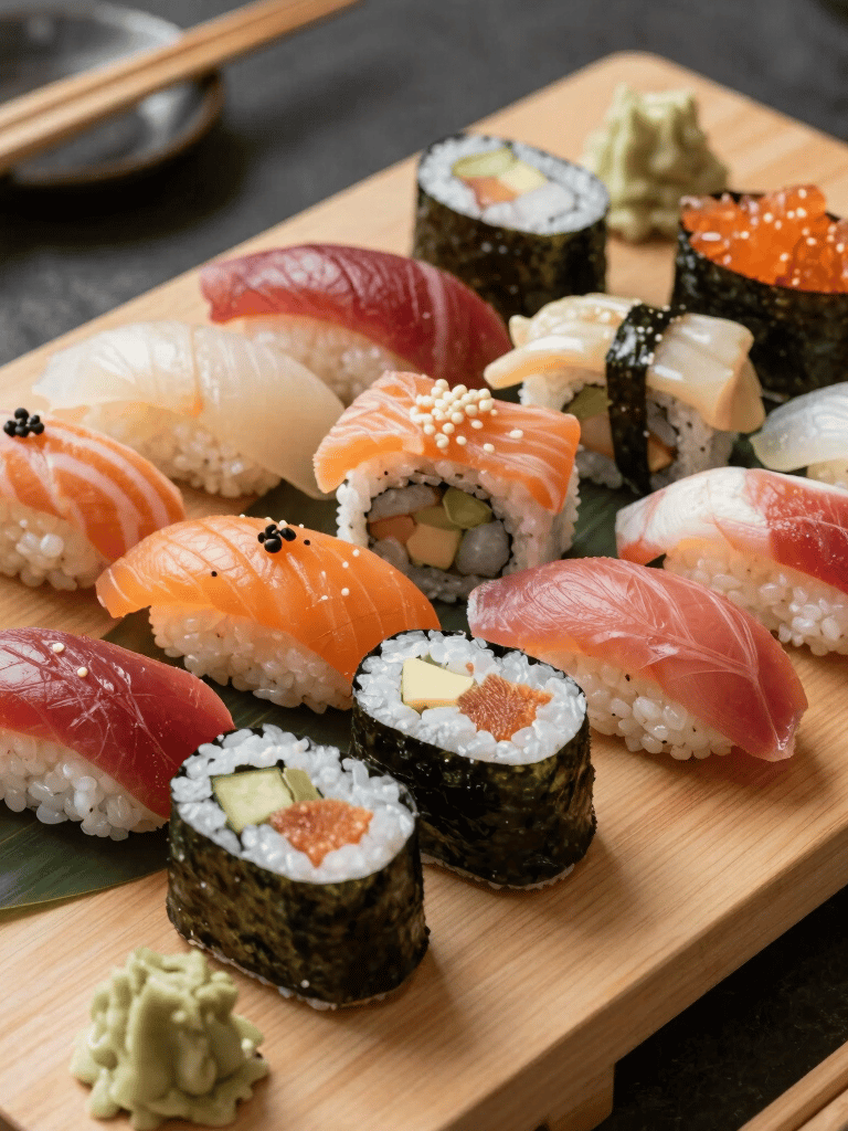 A close-up shot of beautifully arranged sushi rolls with vibrant colors and fresh ingredients.