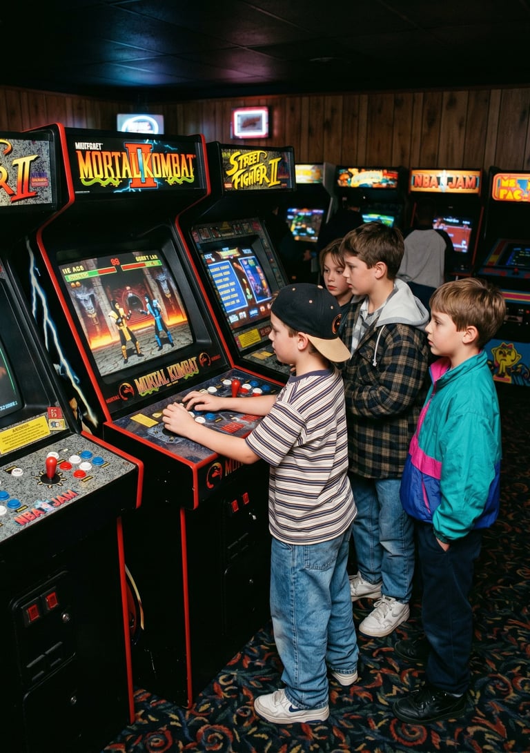Meninos jogando o clássico Mortal Kombat II em um fliperama vintage.