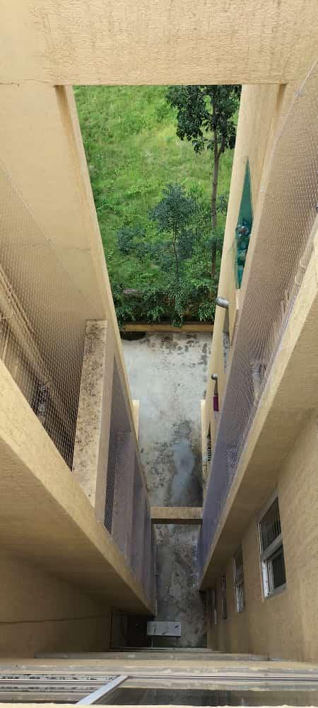 Close-up of sturdy pigeon netting installed on a Bangalore balcony, sunlight filtering through the m