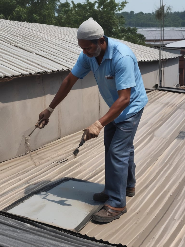 Close-up of a freshly applied waterproofing layer on a rooftop in Jaipur under bright sunlight.
