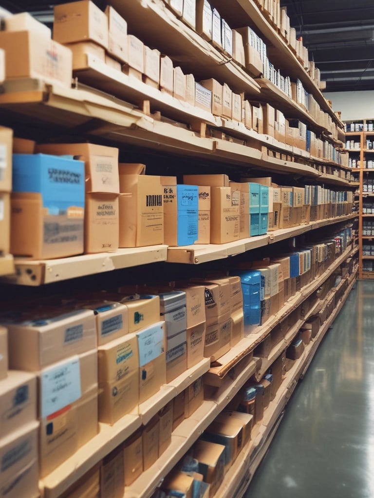 A sleek warehouse with organized shelves filled with diverse international food products.