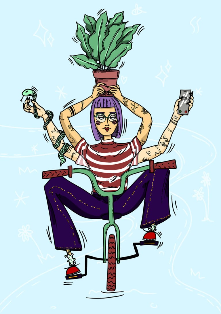 girl with four arms balancing on a bicycle