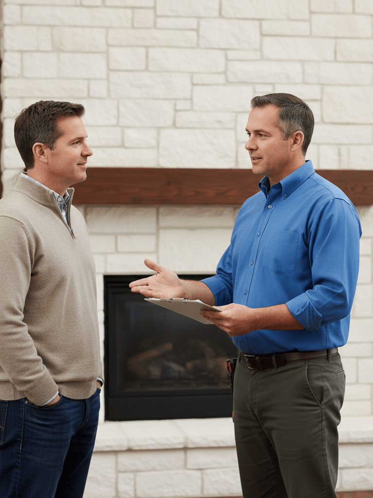 Friendly chimney inspector answering homeowner's questions w/ limestone fireplace in the background.
