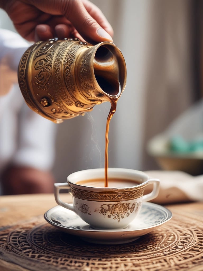 A beautifully arranged traditional Nubi hospitality setup with Arabic coffee pots and cups on a decorated table.