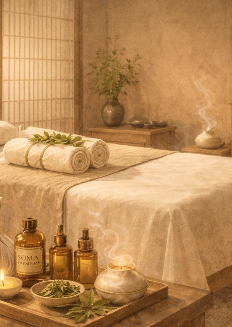 Interior de spa oriental con camilla, toallas y aceites en un ambiente de calma y armonía.