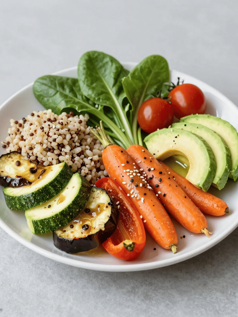 A close-up shot of a freshly prepared, colorful meal tray showcasing a balanced portion of protein, vegetables, and grains.