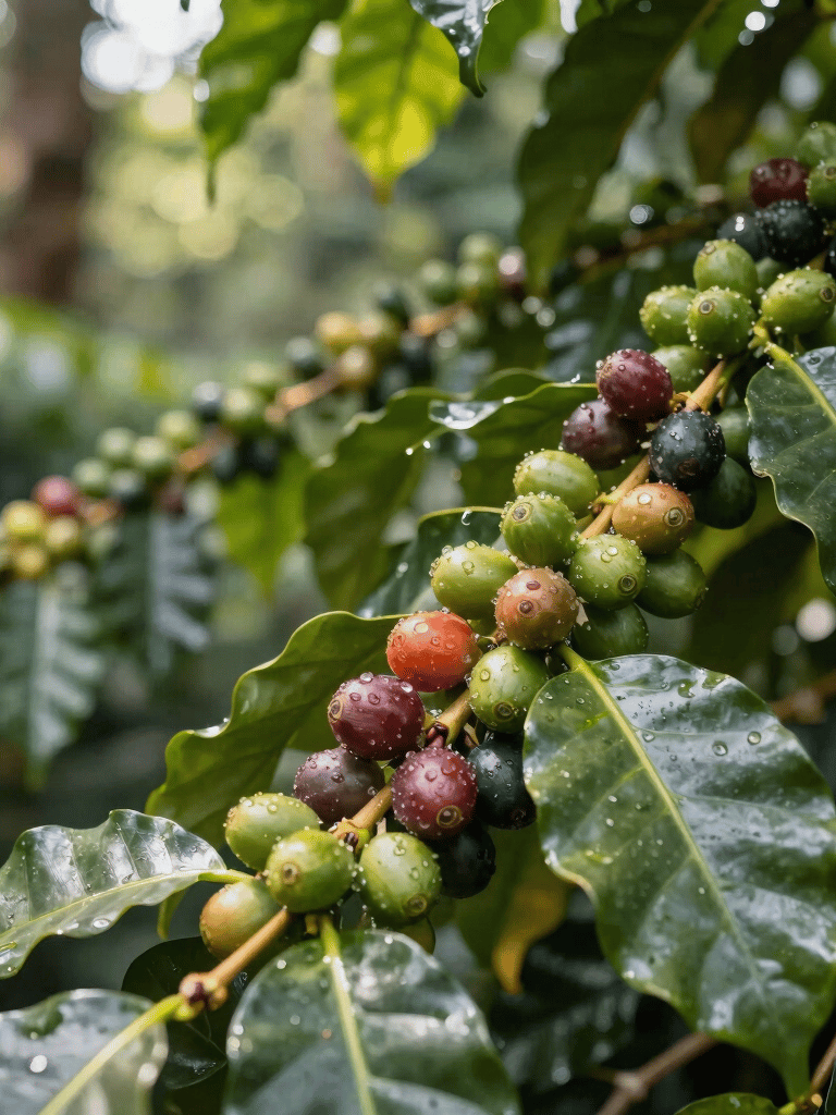 A serene misty hill landscape at dawn with lush green spice farms stretching into the distance.