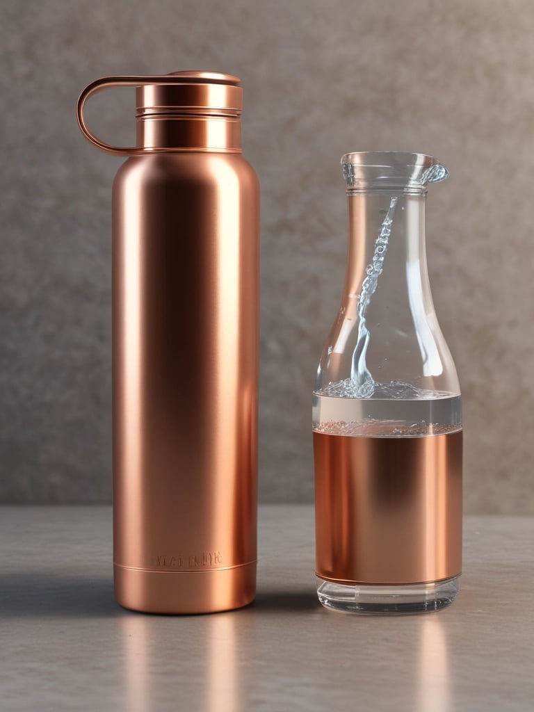 Close-up photo of a gleaming copper water bottle reflecting soft natural light.