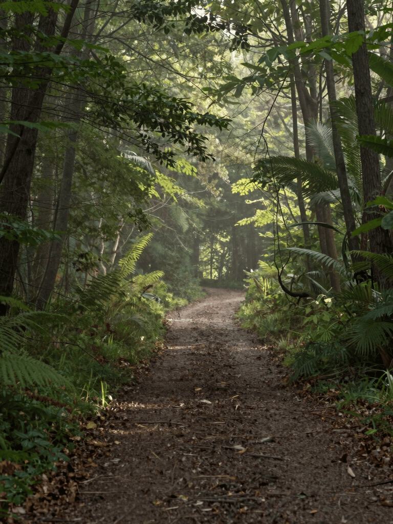 A serene forest path bathed in soft morning light, symbolizing a journey inward.