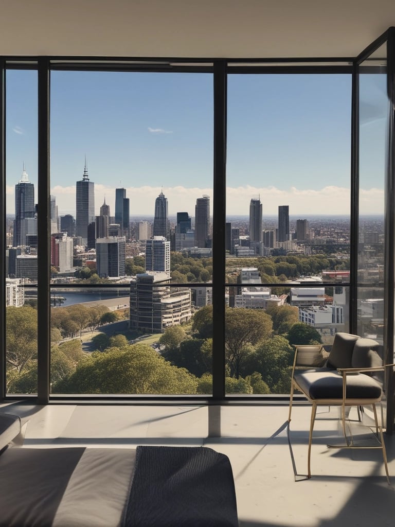 A graceful bird soaring high above a sunlit forest, wings fully spread against a clear blue sky.
