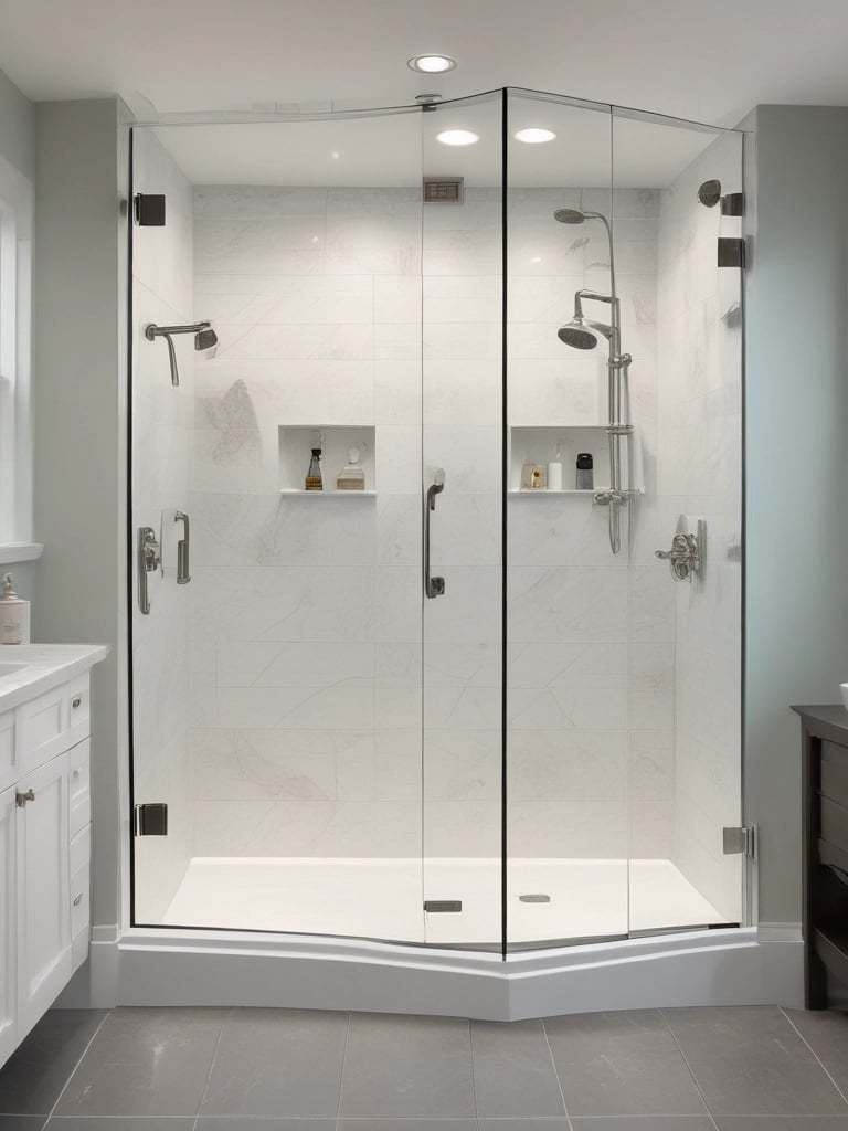 Before and after transformation of a bathroom featuring crushed stone shower surrounds.