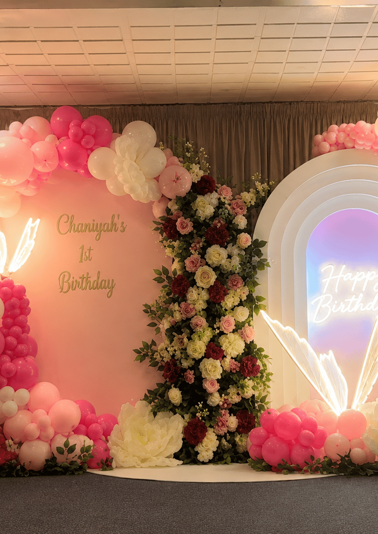 Bespoke pink birthday backdrop with balloons and flowers in Liverpool