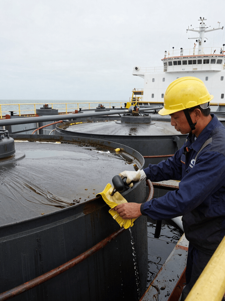 Close-up of a ship's hull being carefully coated with marine paint, showing the texture and precision of the work.