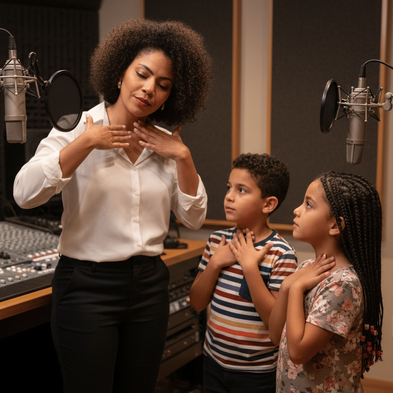 A vocal coach teaching two children singing techniques in a professional recording studio.