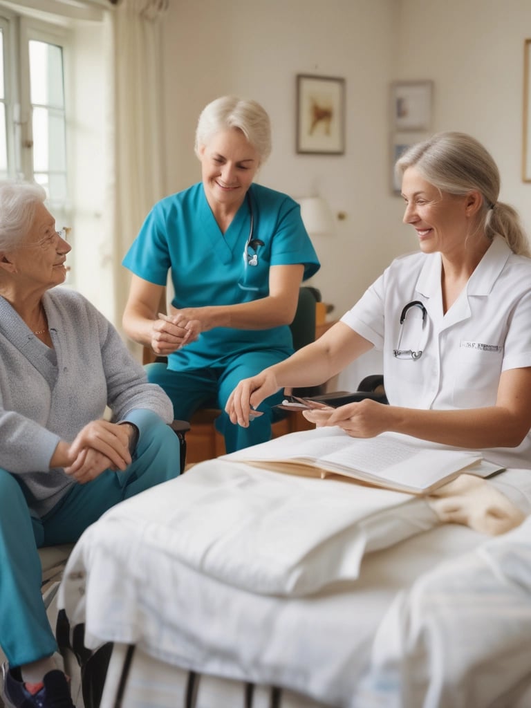 A warm caregiver gently holding the hand of an elderly client in a cozy living room.