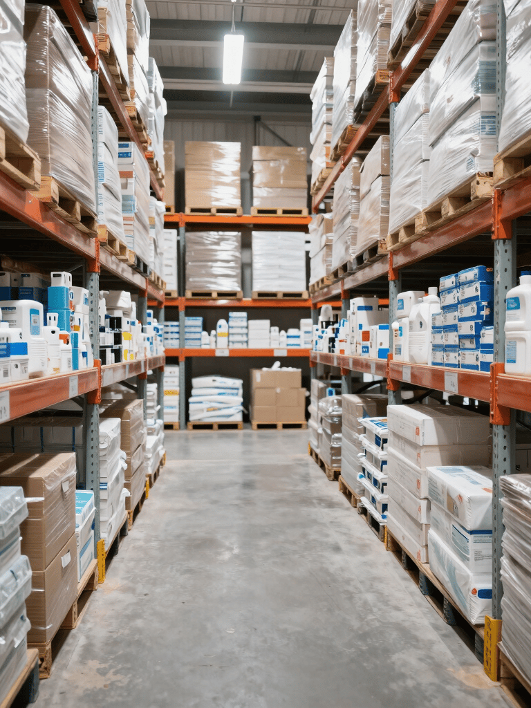 A bright, clean warehouse filled with neatly organized medical supplies ready for delivery.