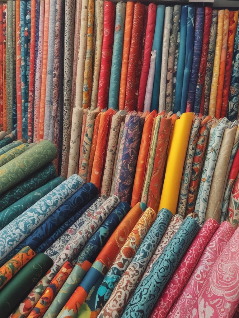 A vibrant and colorful shop filled with shelves stacked high with rolls of fabric and lace. The shelves display a variety of intricate patterns and colors, showcasing diverse textile options. Below the shelves is a glass counter containing trays with small various items. The labels above the shelves and the bustling layout suggest a fabric or craft store specializing in embroidery and lace.